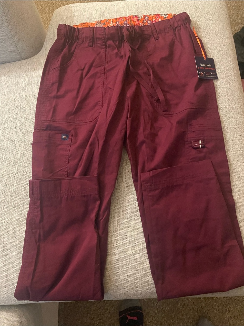 koi Women's Cargo Scrub Pants - Burgundy with Orange Waistband Accent